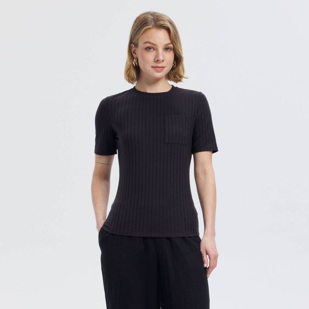 Women's Slim Fit Short Sleeve Ribbed Pocket T-Shirt - A New Day Black XS